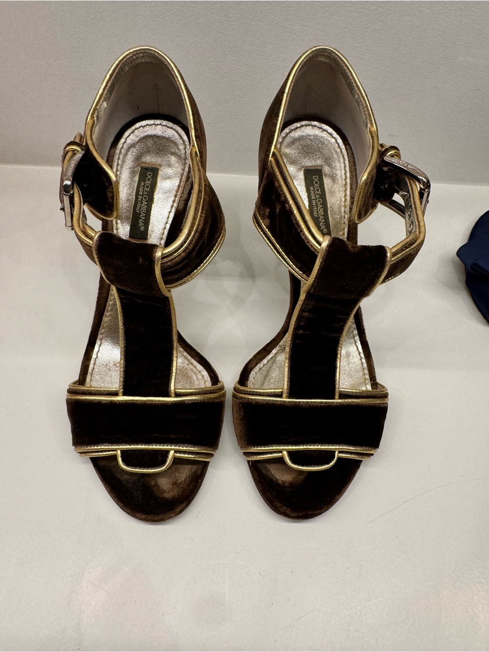 Dolce & Gabbana Brown Velvet Heeled Sandals with Gold Trim